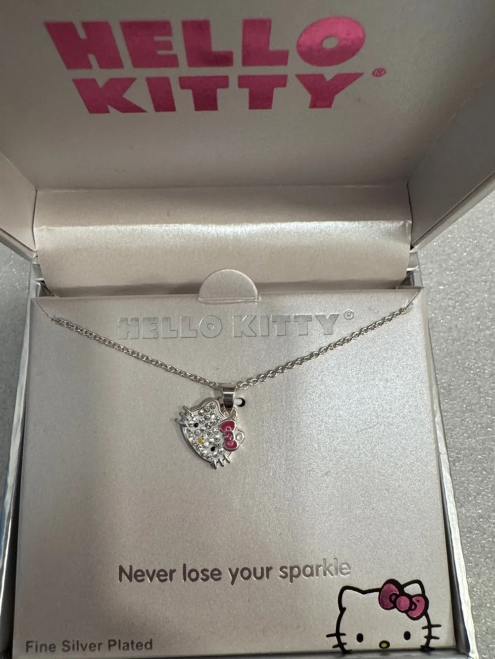 Hello Kitty Silver Pendant Necklace with Pink Bow Accent NIB